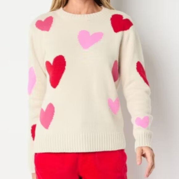 NWOT St. John's Bay Women Size 2X Beige/Pink/Red Heart Crewneck Pullover Sweater - Picture 1 of 7
